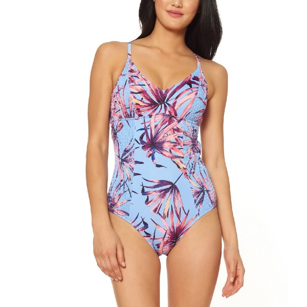 Jessica Simpson Printed Smocked-Sides Swimsuit
